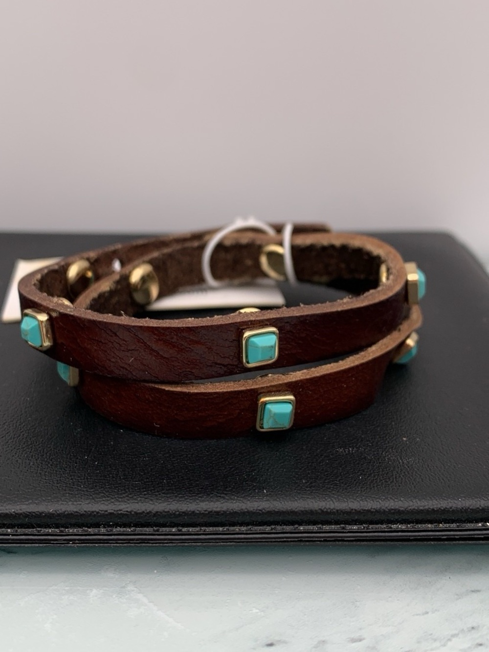 NWT Brown Leather Wrap Bracelet with Turquoise colored Studs